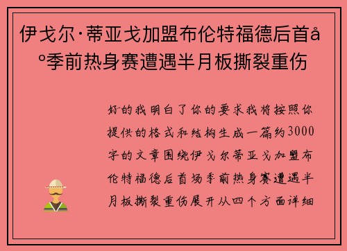 伊戈尔·蒂亚戈加盟布伦特福德后首场季前热身赛遭遇半月板撕裂重伤